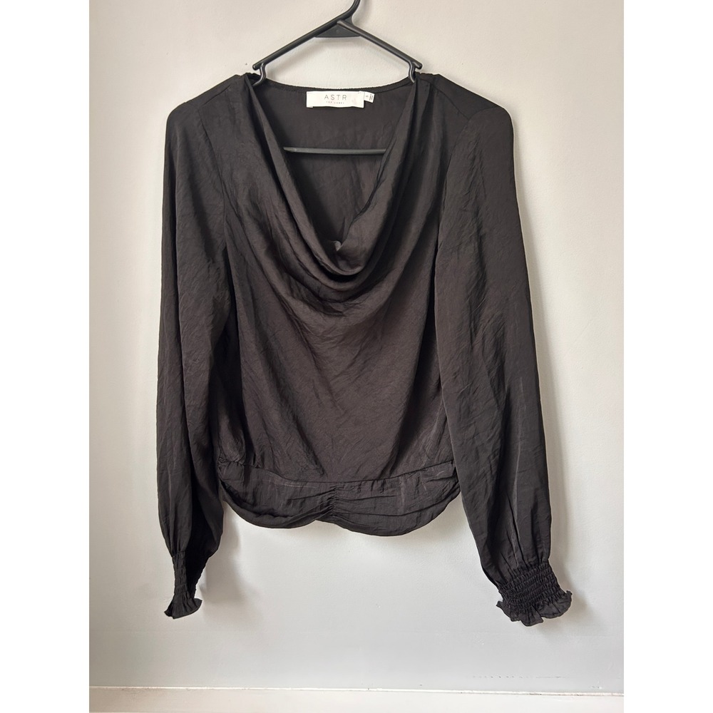 ASTR The Label Black Cowl Neck Long Sleeve Blouse Smocked Cuffs AT15800 Size S
